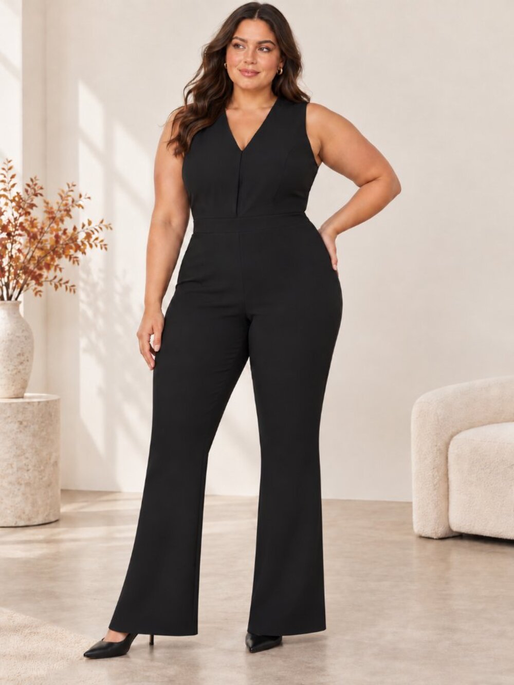 SPANX Perfect Sleeveless Jumpsuit XL NWT Black Flare Leg V-Neck